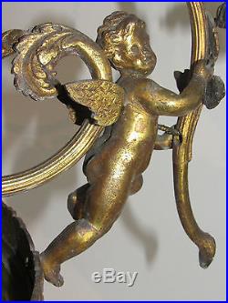 05c2 Ancien Lustre Bronze Doré Style Louis XVI Angelots Vasque En Pate De Verre