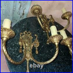 3 appliques deux feux style Louis XVI bronze doré vieil or Pompon Corde Noeud