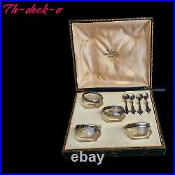 A. Debain Coffret 4 Salerons Cristal+argent Minerve+pelles Style Louis XVI Xixème