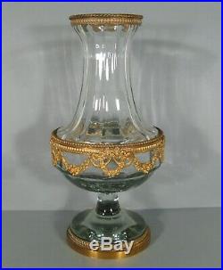 Ancien Grand Vase Cristal Et Bronze Style Louis XVI Décor Guirlandes Et Nuds