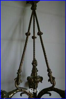 Ancien Lustre A 3 Bras Lumiere Bronze Style Louis XVI Empire Debut XX Siecle