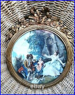 Ancien cadre style Louis XVI en bronze aquarelle décor de personnages