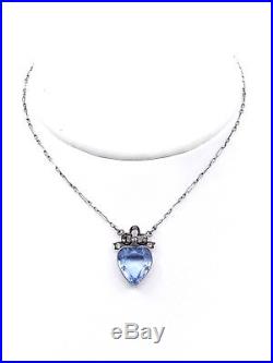 Ancien collier pendentif coeur en argent massif et pierre bleue style Louis XVI