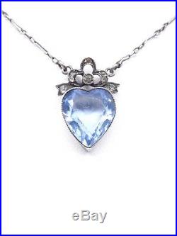 Ancien collier pendentif coeur en argent massif et pierre bleue style Louis XVI