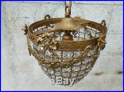 Ancien superbe lustre montgolfière style louis XVI 19 ème en bronze + pampilles