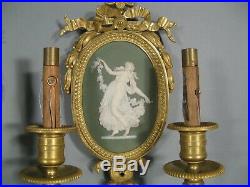 Ancienne Paire Appliques Style Louis XVI Bronze Doré Porcelaine Wedgwood Danse