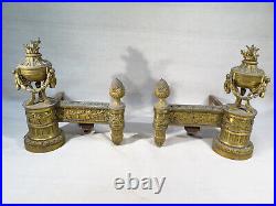 Ancienne Paire De Chenets De Style Louis XVI En Bronze Pots A Feu Cheminee