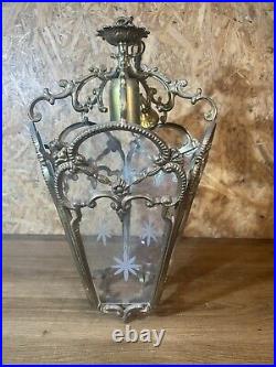 Ancienne lanterne 5 faces bronze style Louis XVI, verres gravés, décor étoile
