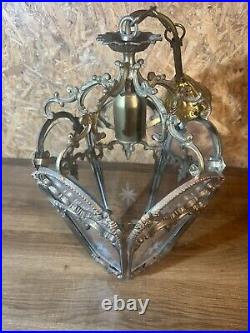 Ancienne lanterne 5 faces bronze style Louis XVI, verres gravés, décor étoile