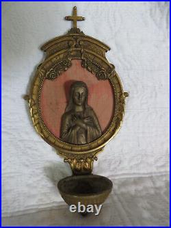 Bénitier Ancien En Bronze Style Louis XVI Décor De Vierge Christianisme