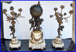 Bernoux Paris Belle Pendule & Candelabres Angelots Bronze Style Louis XVI 19eme