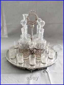 Cabaret à liqueurs de style Louis XVI en argent et verre taillé barons Hottinger