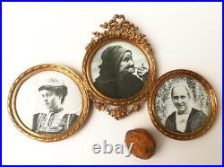 Cadre porte photo triple médaillon en verre et bronze de style Louis XVI