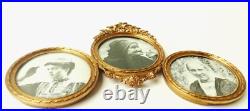 Cadre porte photo triple médaillon en verre et bronze de style Louis XVI
