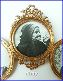 Cadre porte photo triple médaillon en verre et bronze de style Louis XVI