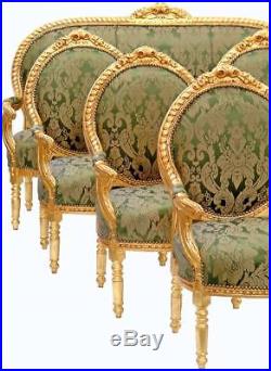 Canape + 4 Fauteuils Salon Baroque Royal Style Louis XVI En Bois Hetre Dore Vert