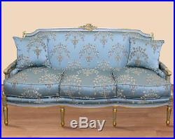 Canape Royal Style Louis XVI En Bois Hetre Dore Tissu Bleu Sofa Banquette