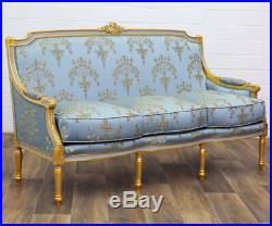 Canape Royal Style Louis XVI En Bois Hetre Dore Tissu Bleu Sofa Banquette 3 Plac