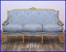 Canape Royal Style Louis XVI En Bois Hetre Dore Tissu Bleu Sofa Banquette 3 Plac