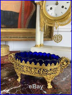 Coupelle Ancienne En Metal Doré De Style Louis XVI Avec Verrine Bleue