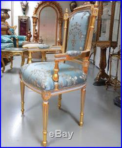 Fauteuil Marie Antoinette Style Louis XVI Siege En Bois Hetre Dore Et Bleu Royal