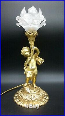 GRANDE LAMPE AU CHÉRUBIN / PUTTO, STYLE LOUIS XVI BRONZE & VERRE 32 cm