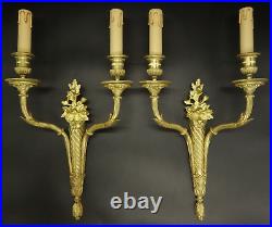 GRANDE PAIRE D'APPLIQUES AUX FLEURS STYLE LOUIS XVI FIN XIXe BRONZE 49 cm