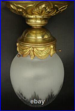 GRANDE SUSPENSION / PLAFONNIER OGIVE STYLE LOUIS XVI BRONZE & VERRE 32,5 cm