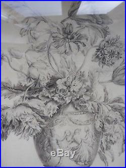 Grand dessin ancien de fleurs vers 1807 dans un cadre style Louis XVI