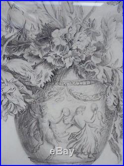 Grand dessin ancien de fleurs vers 1807 dans un cadre style Louis XVI