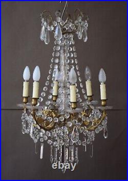 Grand lustre à 6 lumières en bronze et pampilles en cristal de style Louis XVI