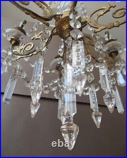 Grand lustre à 6 lumières en bronze et pampilles en cristal de style Louis XVI