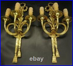 Grande Paire Appliques 3 Feux, Cors De Chasse Et Noeud, Style Louis XVI Bronze