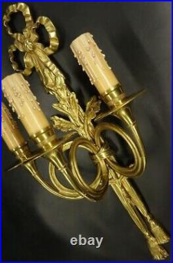 Grande Paire Appliques 3 Feux, Cors De Chasse Et Noeud, Style Louis XVI Bronze