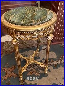 Guéridon sellette piédestal porte-pot bois doré marbre vert style Louis XVI