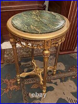 Guéridon sellette piédestal porte-pot bois doré marbre vert style Louis XVI