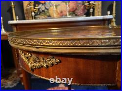 Guéridon table bouillotte à décor marqueté et ornements bronze style Louis XVI