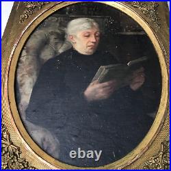 LA LECTURE huile s carton cadre style Louis XVI, 19e peinture non signée vintage