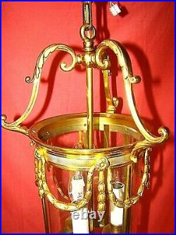 Lanterne de vestibule bronze et verre à 3 lampes style Louis XVI ép. Années 60