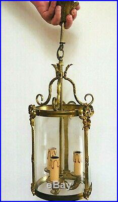 Lanterne ronde style Louis XVI en bronze doré 3 feux Suspension cylindrique