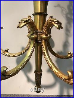 Lustre Bronze 5 Branches, Style Louis XVI, Têtes Daigle, Fut Carquois