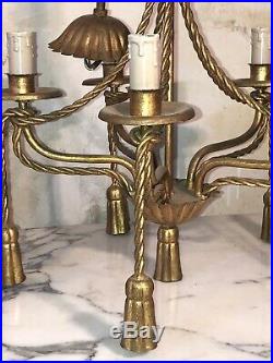 Lustre à ponpons 5 lumières style Louis XVI bronze et laiton