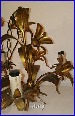 Lustre suspension luminaire ancien style Louis XVI laiton doré décor fleurs