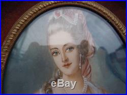 Miniature portrait peint jeune femme & chien tableau Style Louis XVI