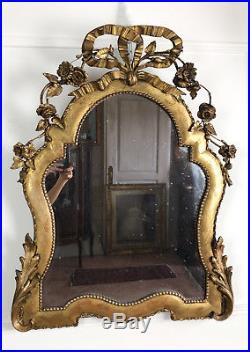 Miroir Ancien De Style Louis XVI En Bois Doré Et Sculpté Avec Glace Au Mercure
