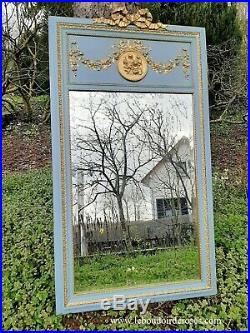 Miroir trumeau ancien, patiné bleu-gris doré, style Louis XVI