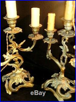 Paire Chandelier 3 Branches Lampe Bronze Rocaille Anciens Style Louis XVI
