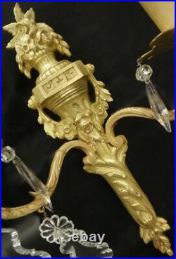 Paire D'appliques Style Louis XVI Début 1900 Bronze & Pampilles Verre