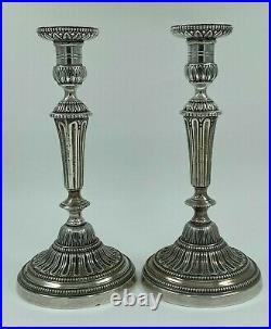 Paire De Bougeoires Bronze Argente XIX Eme Style Louis XVI Palmette Perle H2587