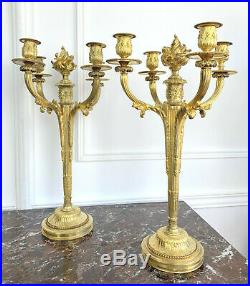 Paire De Bougeoirs En Bronze Ciselé Et Doré A 4 Branches De Style Louis XVI